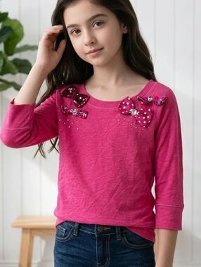 Justice Girls 10 Hot Pink Rhinestone Sequin Polka Dot Bow Short Sleeve Knit Top